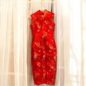 Elegant Red Floral Cheongsam Dress